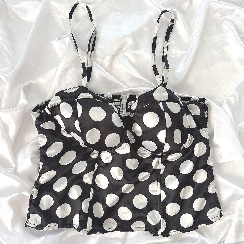 Truth NYC Polka Dot Bustier Top Black White Satin Smocked Back Size 1X